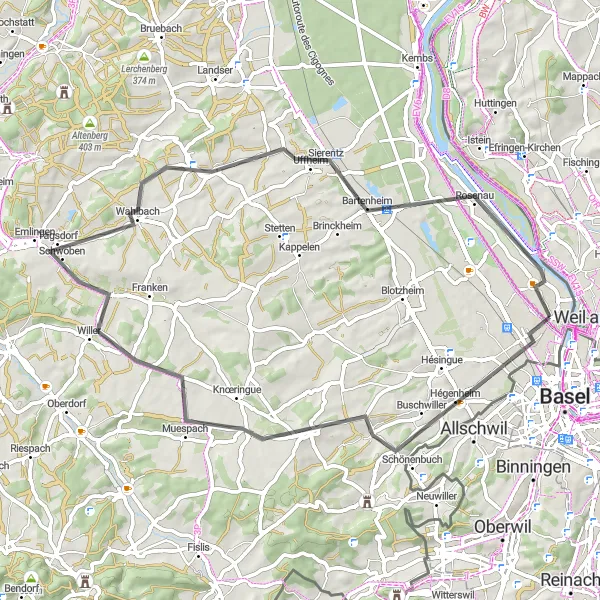 Miniature de la carte de l'inspiration cycliste "Boucle du Sundgau" dans la Alsace, France. Générée par le planificateur d'itinéraire cycliste Tarmacs.app