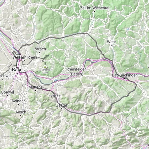 Map miniature of "The Border Trail" cycling inspiration in Alsace, France. Generated by Tarmacs.app cycling route planner