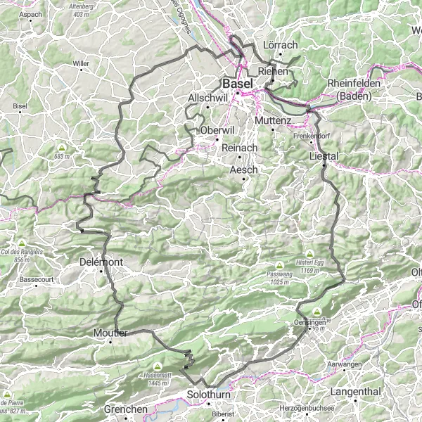 Map miniature of "Jura Mountains Challenge" cycling inspiration in Alsace, France. Generated by Tarmacs.app cycling route planner