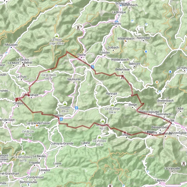 Miniature de la carte de l'inspiration cycliste "Boucle gravel vers Col de Saâles et Col du Hantz" dans la Alsace, France. Générée par le planificateur d'itinéraire cycliste Tarmacs.app