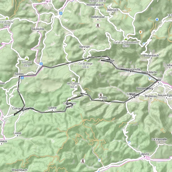 Map miniature of "Villé Road Loop" cycling inspiration in Alsace, France. Generated by Tarmacs.app cycling route planner