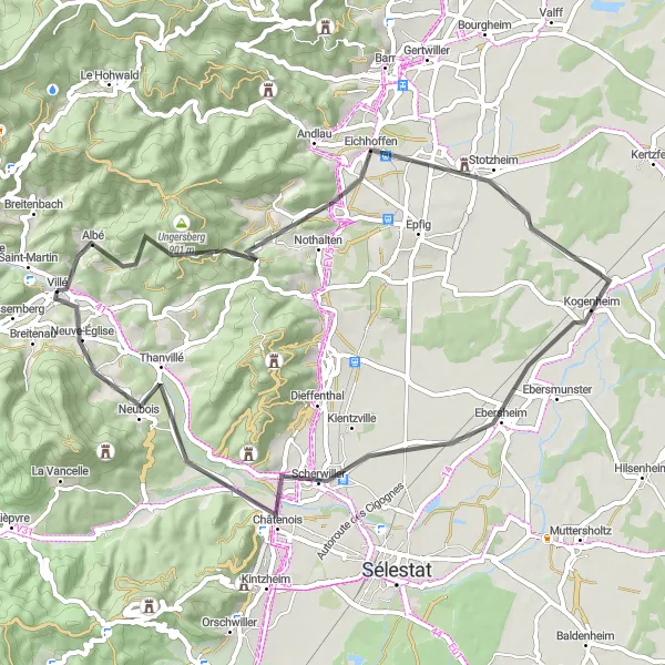 Miniature de la carte de l'inspiration cycliste "Boucle vers Kogenheim et Neubois" dans la Alsace, France. Générée par le planificateur d'itinéraire cycliste Tarmacs.app