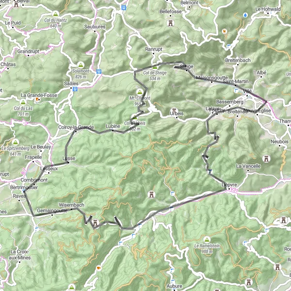Map miniature of "From Villé to Bassemberg and Mt. Climont" cycling inspiration in Alsace, France. Generated by Tarmacs.app cycling route planner