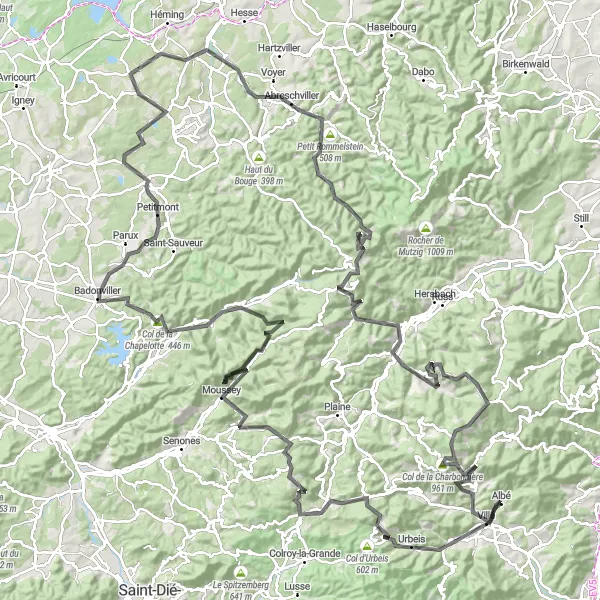 Miniature de la carte de l'inspiration cycliste "Grande Boucle des Vosges" dans la Alsace, France. Générée par le planificateur d'itinéraire cycliste Tarmacs.app