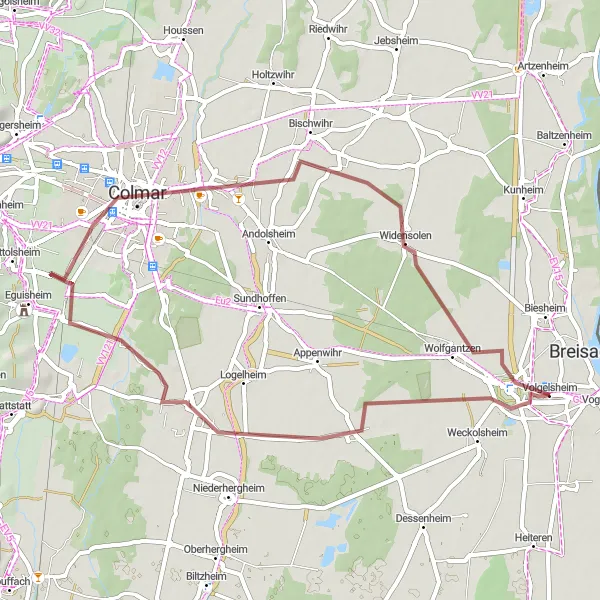 Map miniature of "Hettenschlag and Colmar Gravel Escape" cycling inspiration in Alsace, France. Generated by Tarmacs.app cycling route planner