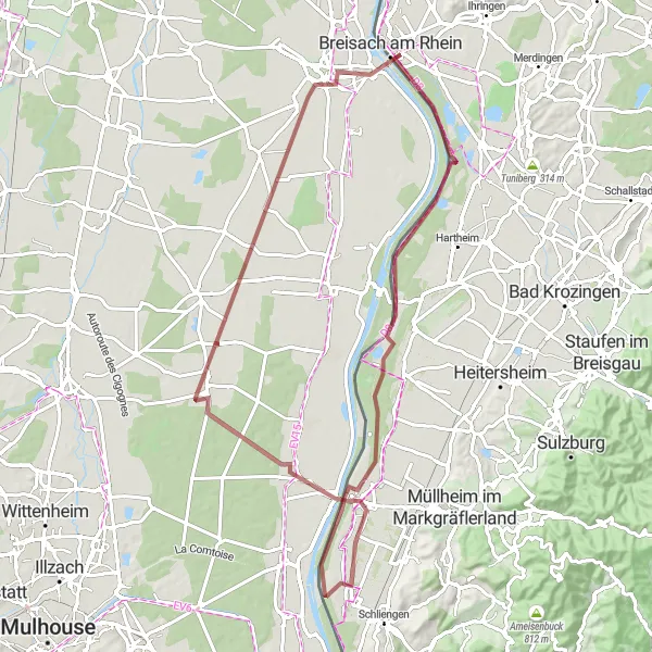 Miniature de la carte de l'inspiration cycliste "Parcours gravel à travers la région de Breisach" dans la Alsace, France. Générée par le planificateur d'itinéraire cycliste Tarmacs.app