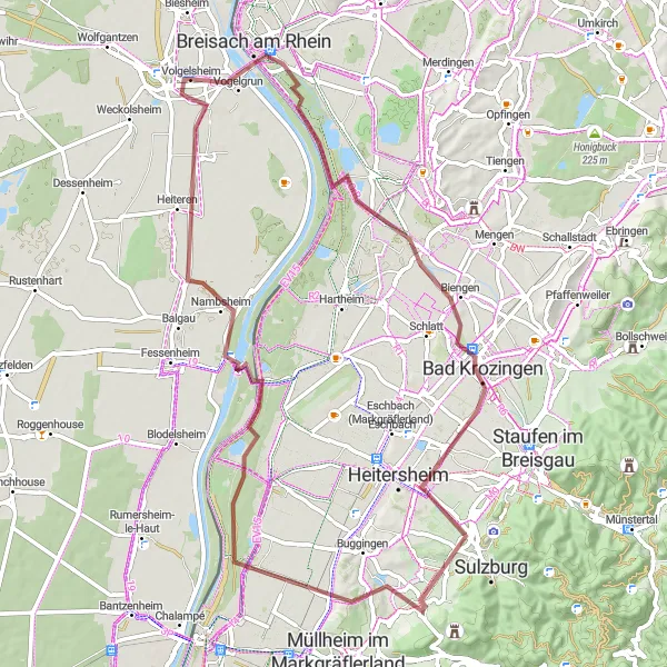 Miniature de la carte de l'inspiration cycliste "Les chemins de gravier du Rhin" dans la Alsace, France. Générée par le planificateur d'itinéraire cycliste Tarmacs.app