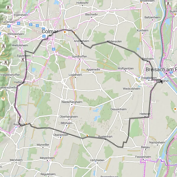 Map miniature of "The Vineyard Loop" cycling inspiration in Alsace, France. Generated by Tarmacs.app cycling route planner