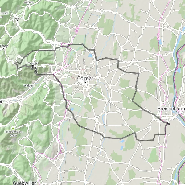 Miniature de la carte de l'inspiration cycliste "Les collines alsaciennes" dans la Alsace, France. Générée par le planificateur d'itinéraire cycliste Tarmacs.app