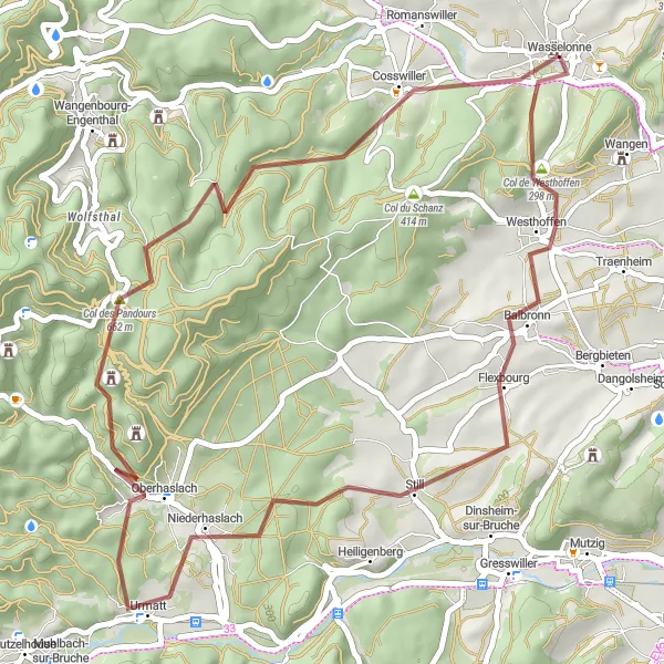 Miniature de la carte de l'inspiration cycliste "Boucle des Collines et Châteaux de l'Ursel" dans la Alsace, France. Générée par le planificateur d'itinéraire cycliste Tarmacs.app