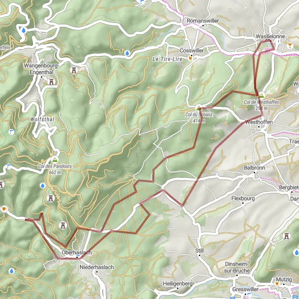 Miniature de la carte de l'inspiration cycliste "Les collines des Vosges" dans la Alsace, France. Générée par le planificateur d'itinéraire cycliste Tarmacs.app