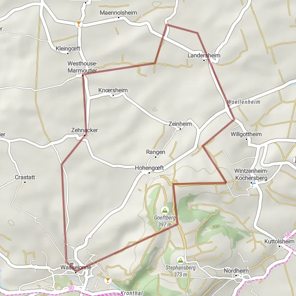 Map miniature of "The Gravel Adventure" cycling inspiration in Alsace, France. Generated by Tarmacs.app cycling route planner