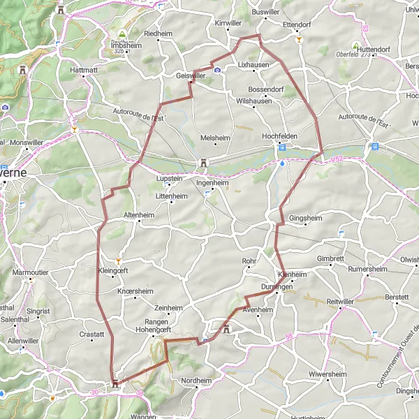 Miniature de la carte de l'inspiration cycliste "Les collines de l'Alsace du Nord" dans la Alsace, France. Générée par le planificateur d'itinéraire cycliste Tarmacs.app