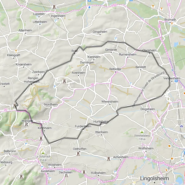 Miniature de la carte de l'inspiration cycliste "Escapade à travers les Collines d'Alsace" dans la Alsace, France. Générée par le planificateur d'itinéraire cycliste Tarmacs.app