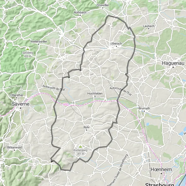 Map miniature of "The Altenheim-Uttenhoffen Journey" cycling inspiration in Alsace, France. Generated by Tarmacs.app cycling route planner