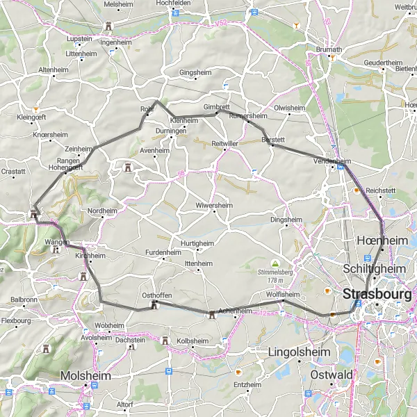 Miniature de la carte de l'inspiration cycliste "Les coteaux et villages alsaciens" dans la Alsace, France. Générée par le planificateur d'itinéraire cycliste Tarmacs.app