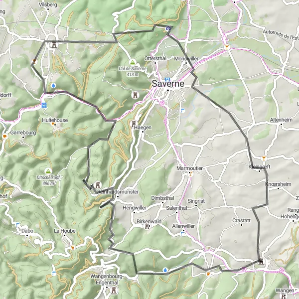 Miniature de la carte de l'inspiration cycliste "Les châteaux et villages d'Alsace" dans la Alsace, France. Générée par le planificateur d'itinéraire cycliste Tarmacs.app