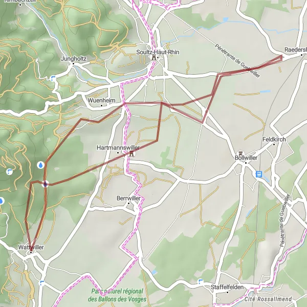 Map miniature of "Wuenheim to Raedersheim" cycling inspiration in Alsace, France. Generated by Tarmacs.app cycling route planner