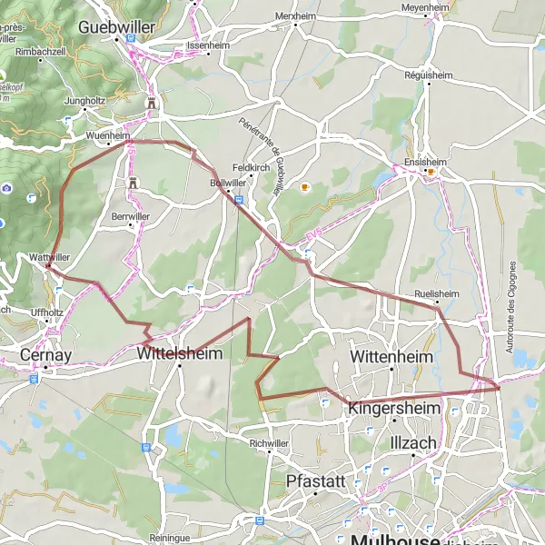 Miniature de la carte de l'inspiration cycliste "Itinéraire en gravier près de Wattwiller" dans la Alsace, France. Générée par le planificateur d'itinéraire cycliste Tarmacs.app