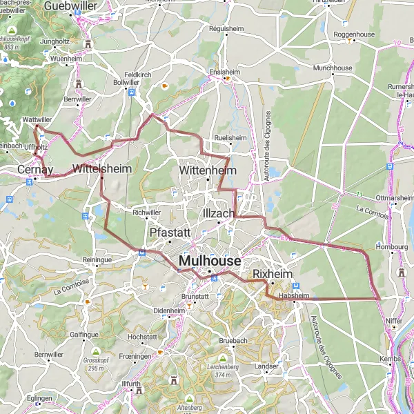 Map miniature of "Staffelfelden to Wittelsheim" cycling inspiration in Alsace, France. Generated by Tarmacs.app cycling route planner