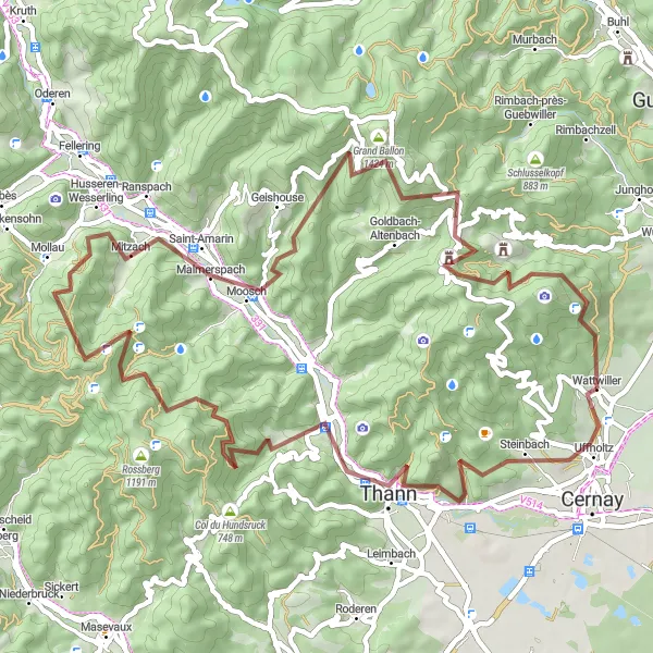 Map miniature of "Thann to Borne Vauthier Demarcation Stone" cycling inspiration in Alsace, France. Generated by Tarmacs.app cycling route planner