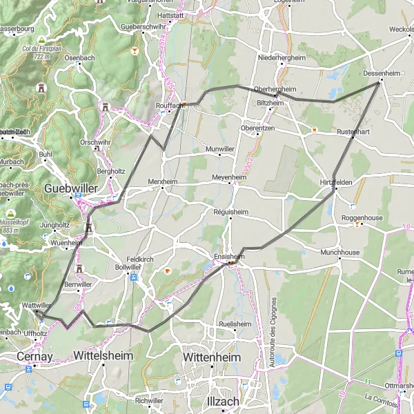 Miniature de la carte de l'inspiration cycliste "Route cyclable sur route au départ de Wattwiller" dans la Alsace, France. Générée par le planificateur d'itinéraire cycliste Tarmacs.app