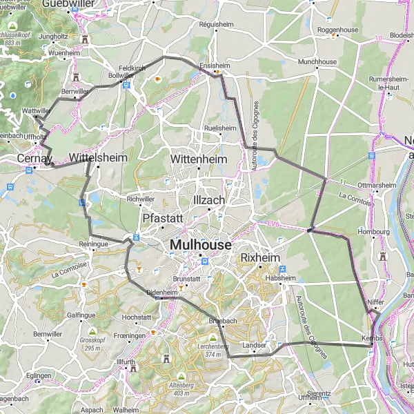 Map miniature of "Bollwiller and the Surrounding Vineyards" cycling inspiration in Alsace, France. Generated by Tarmacs.app cycling route planner