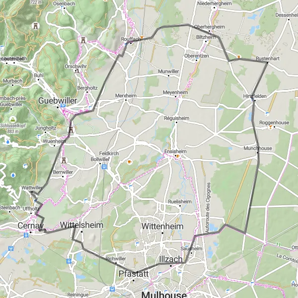 Map miniature of "Soultz-Haut-Rhin to Uffholtz" cycling inspiration in Alsace, France. Generated by Tarmacs.app cycling route planner