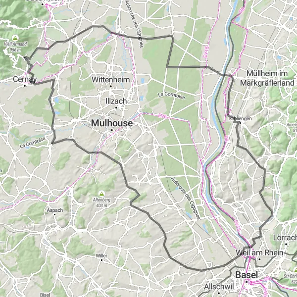 Map miniature of "Ensisheim to Wittelsheim" cycling inspiration in Alsace, France. Generated by Tarmacs.app cycling route planner