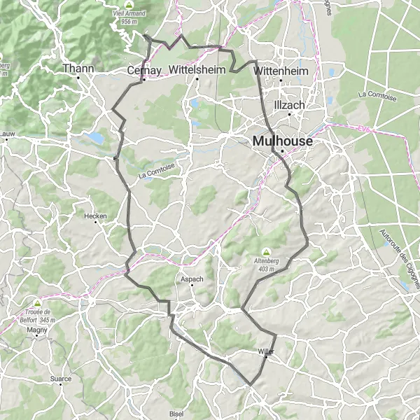 Map miniature of "Mulhouse Discovery" cycling inspiration in Alsace, France. Generated by Tarmacs.app cycling route planner