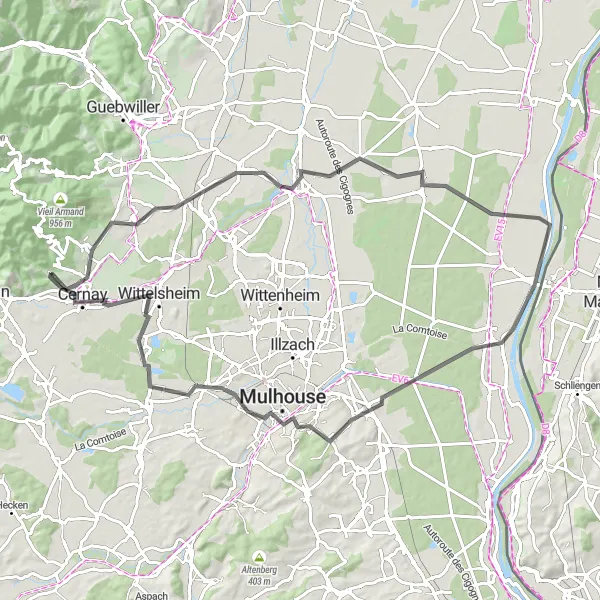 Miniature de la carte de l'inspiration cycliste "Parcours des vins d'Alsace" dans la Alsace, France. Générée par le planificateur d'itinéraire cycliste Tarmacs.app