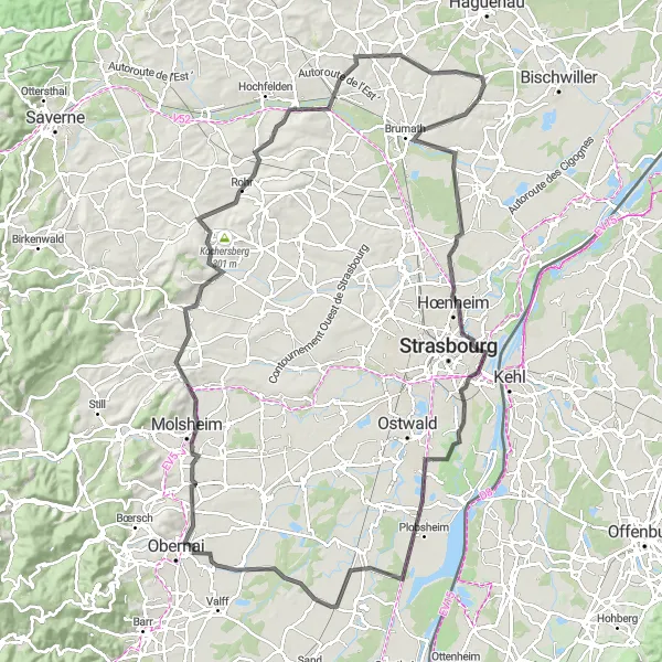 Miniature de la carte de l'inspiration cycliste "Parcours Route depuis Weitbruch" dans la Alsace, France. Générée par le planificateur d'itinéraire cycliste Tarmacs.app
