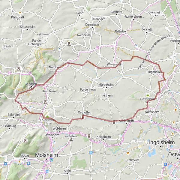 Miniature de la carte de l'inspiration cycliste "Aventure gravel à travers les collines d'Alsace" dans la Alsace, France. Générée par le planificateur d'itinéraire cycliste Tarmacs.app