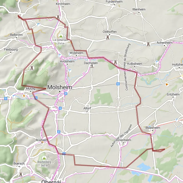 Miniature de la carte de l'inspiration cycliste "Randonnée gravel entre vignobles et collines" dans la Alsace, France. Générée par le planificateur d'itinéraire cycliste Tarmacs.app