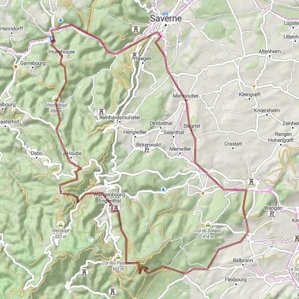 Miniature de la carte de l'inspiration cycliste "Tour de Westhoffen et Montagnes d'Alsace en Gravel" dans la Alsace, France. Générée par le planificateur d'itinéraire cycliste Tarmacs.app