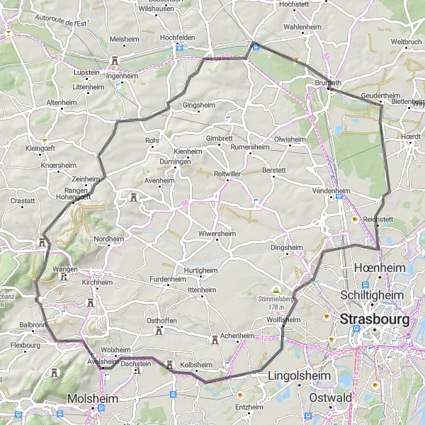 Map miniature of "Road Cycling Adventure to Wolfisheim" cycling inspiration in Alsace, France. Generated by Tarmacs.app cycling route planner