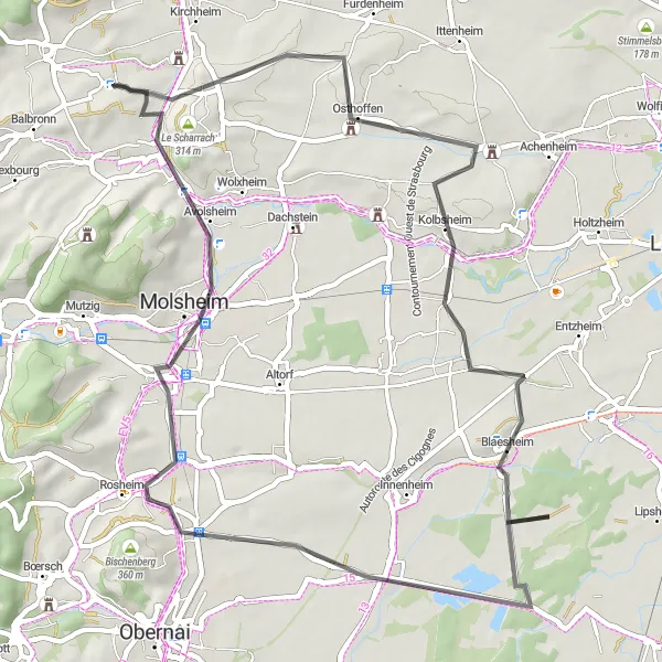 Map miniature of "From Westhoffen to Bischoffsheim" cycling inspiration in Alsace, France. Generated by Tarmacs.app cycling route planner