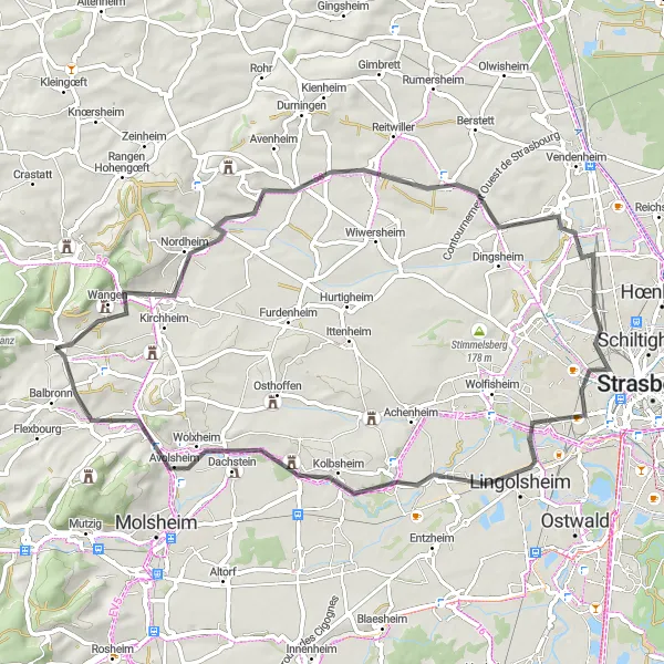 Miniature de la carte de l'inspiration cycliste "Le Tour du vignoble alsacien" dans la Alsace, France. Générée par le planificateur d'itinéraire cycliste Tarmacs.app