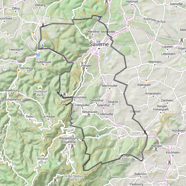 Miniature de la carte de l'inspiration cycliste "Circuit du Mont Saint-Odile" dans la Alsace, France. Générée par le planificateur d'itinéraire cycliste Tarmacs.app
