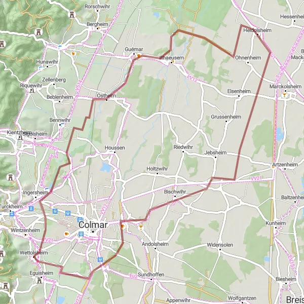 Map miniature of "In the Footsteps of Alsace" cycling inspiration in Alsace, France. Generated by Tarmacs.app cycling route planner