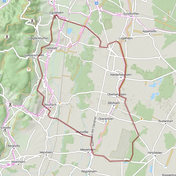 Miniature de la carte de l'inspiration cycliste "Circuit de Gravel autour de Wettolsheim" dans la Alsace, France. Générée par le planificateur d'itinéraire cycliste Tarmacs.app