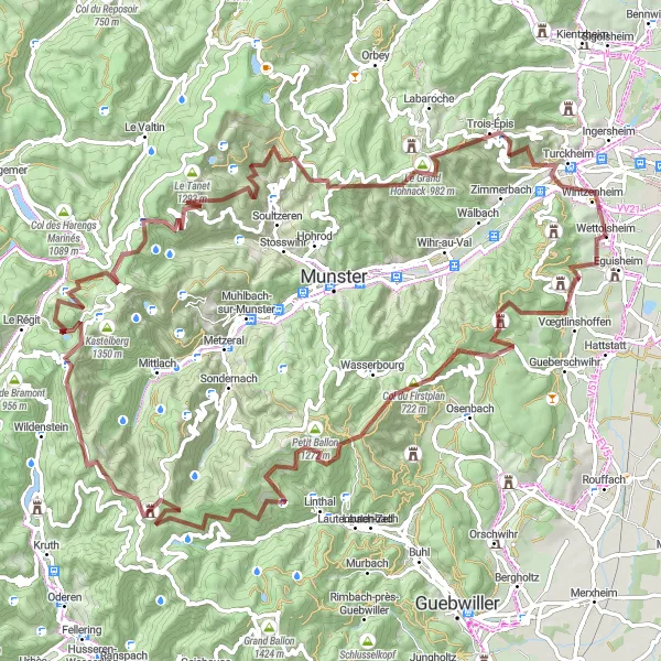 Miniature de la carte de l'inspiration cycliste "Défi Gravel à travers les Montagnes Vosgiennes" dans la Alsace, France. Générée par le planificateur d'itinéraire cycliste Tarmacs.app