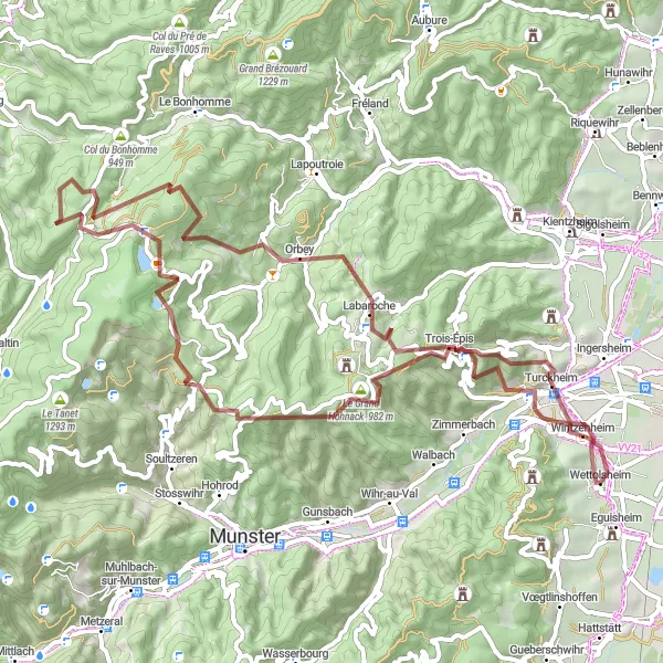 Miniature de la carte de l'inspiration cycliste "Les montagnes et cols de l'Alsace" dans la Alsace, France. Générée par le planificateur d'itinéraire cycliste Tarmacs.app