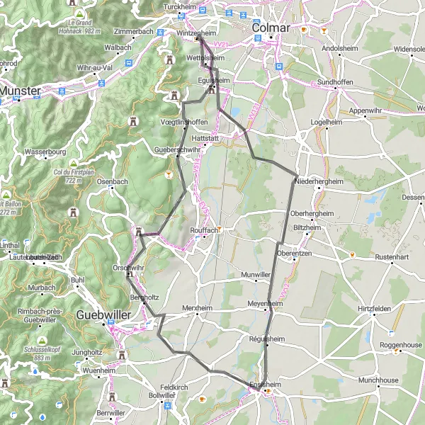 Map miniature of "Alsace Vineyards Tour" cycling inspiration in Alsace, France. Generated by Tarmacs.app cycling route planner