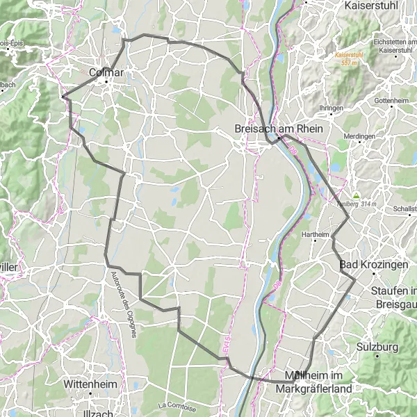 Miniature de la carte de l'inspiration cycliste "Parcours Cycliste Road à travers les Vignobles" dans la Alsace, France. Générée par le planificateur d'itinéraire cycliste Tarmacs.app