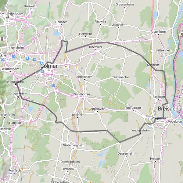 Map miniature of "Cycling Excursion Along the Rhine" cycling inspiration in Alsace, France. Generated by Tarmacs.app cycling route planner