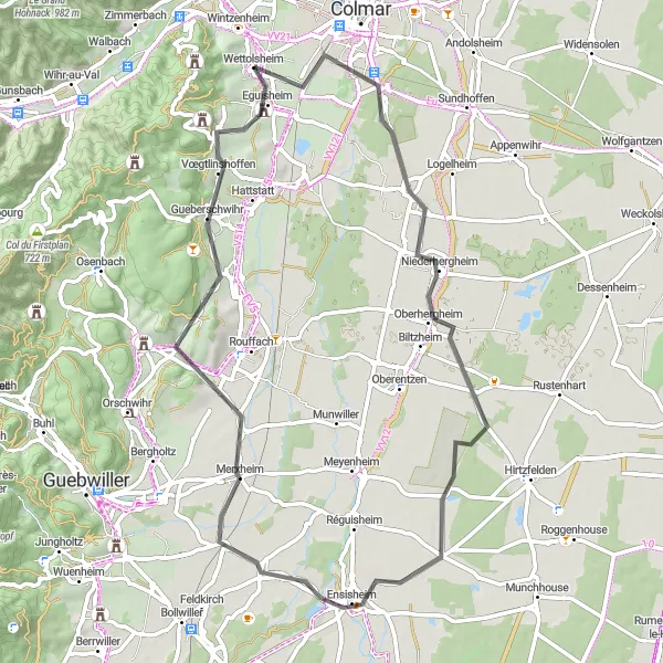 Map miniature of "Along the Wine Route" cycling inspiration in Alsace, France. Generated by Tarmacs.app cycling route planner