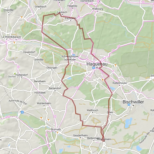 Miniature de la carte de l'inspiration cycliste "Excursion gravel vers Mertzwiller" dans la Alsace, France. Générée par le planificateur d'itinéraire cycliste Tarmacs.app