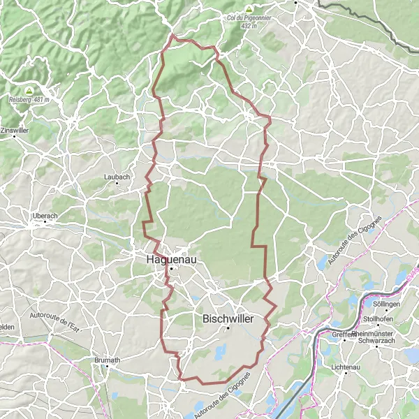 Map miniature of "Weyersheim Gravel Ride" cycling inspiration in Alsace, France. Generated by Tarmacs.app cycling route planner