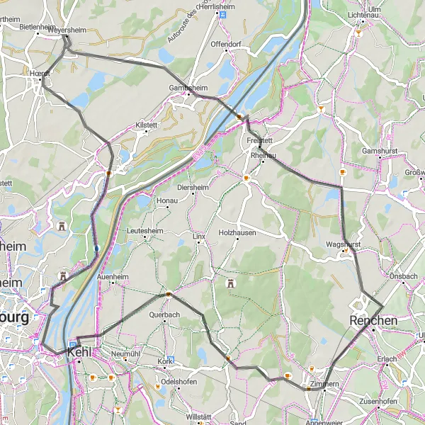 Map miniature of "Weyersheim-Renchen Loop" cycling inspiration in Alsace, France. Generated by Tarmacs.app cycling route planner